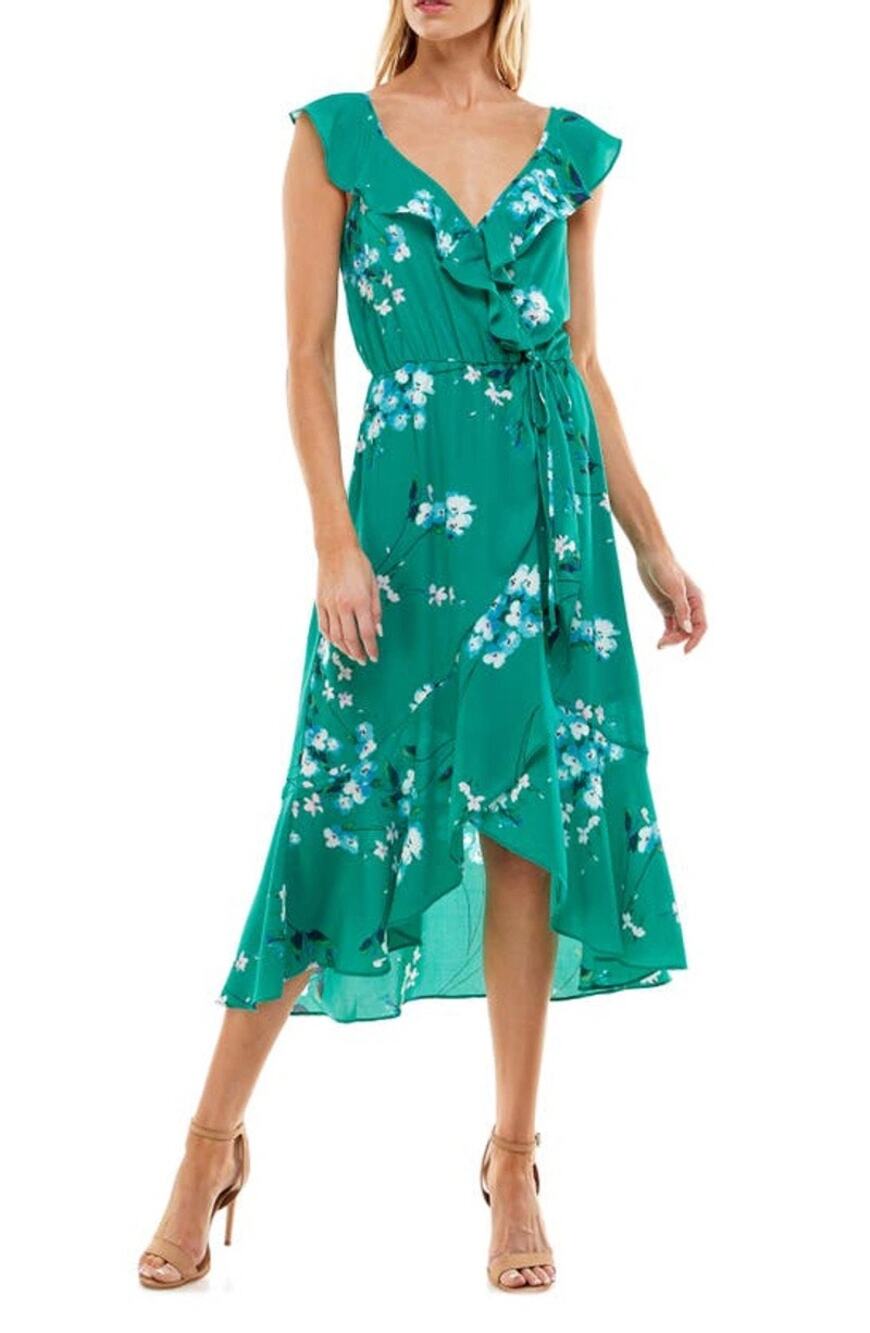 Socialite Ruffle Print Wrap Midi Dress Kelly Green Floral Women's Sz XS NWOT